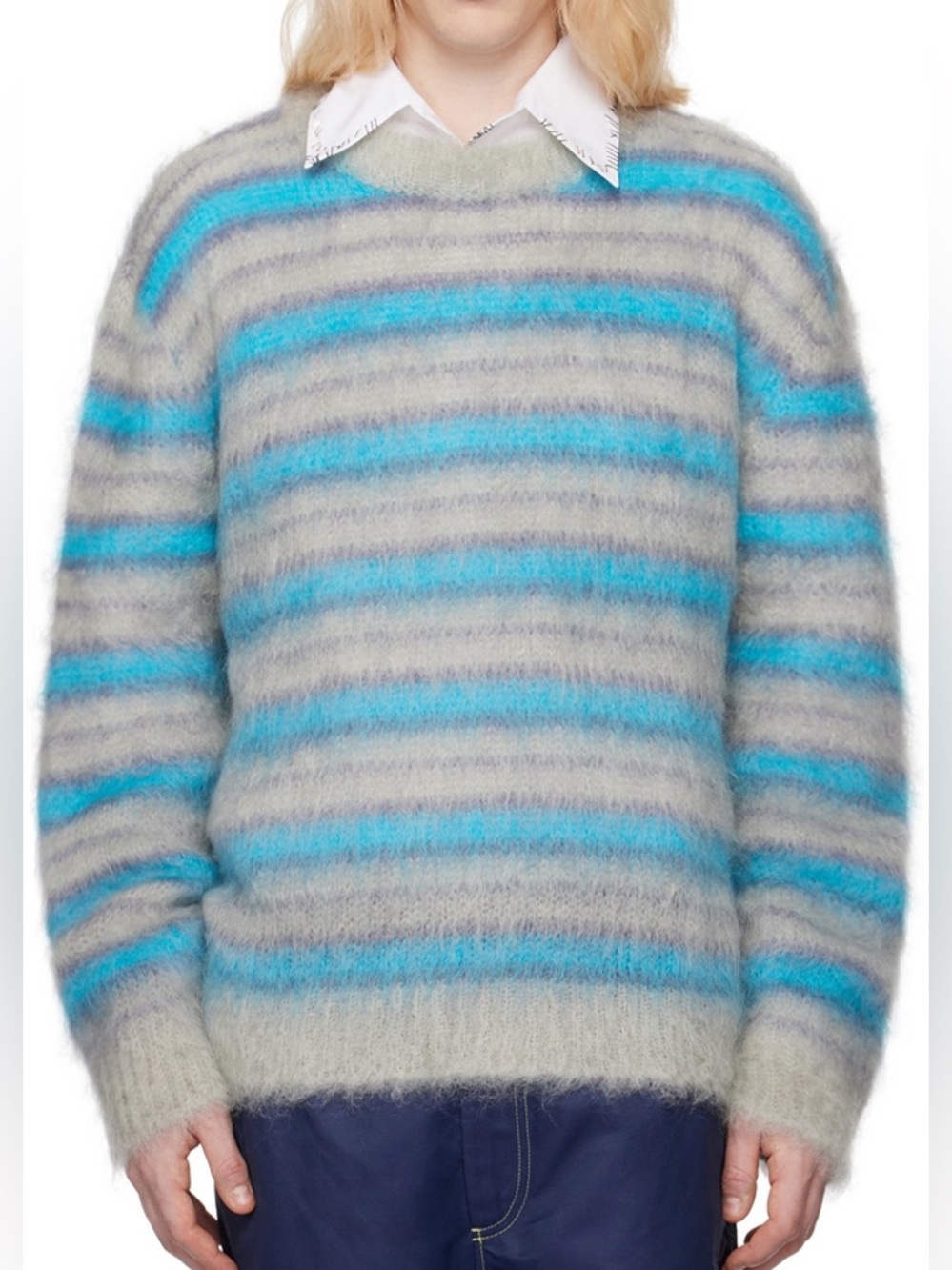 NWT Marni Unisex Mohair Crewneck Sweater in Gray and Blue Stripes